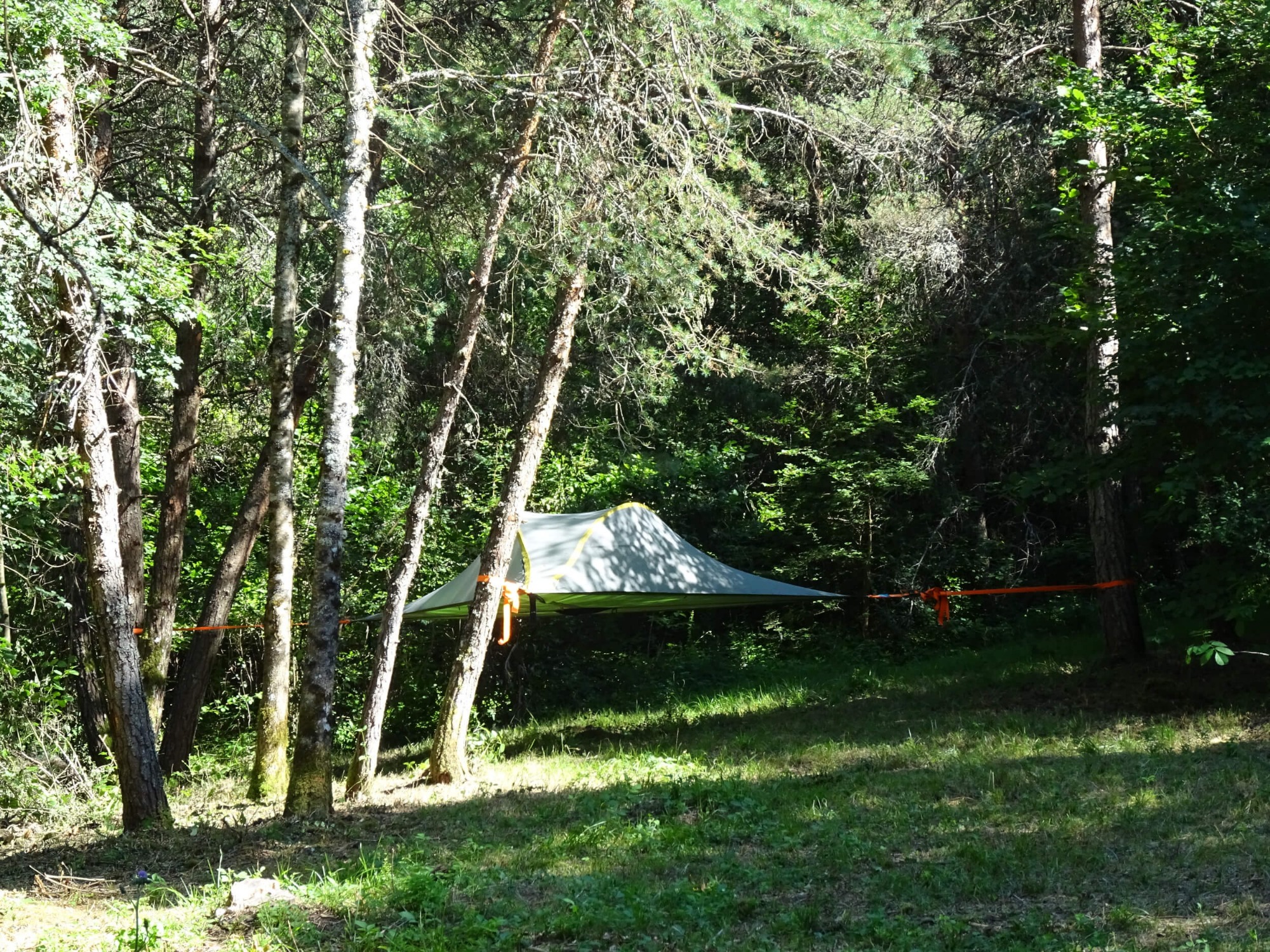 Tente suspendue dans les arbres au bivouac de la clairière